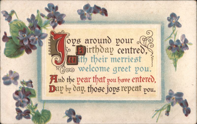 Birthday Greeting with Violets and Sentimental Poem