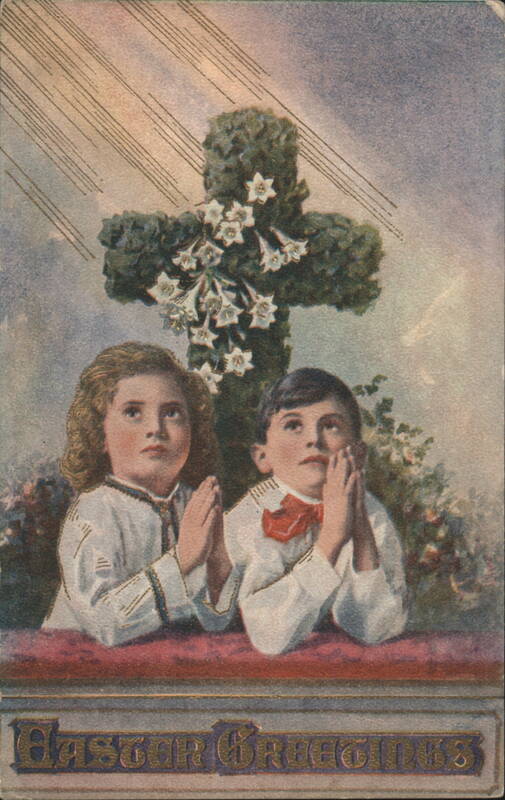 Children Praying with Floral Cross, Easter Greetings