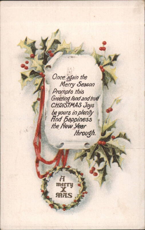 Christmas Greeting Card with Holly, Berries, and New Year's Wishes