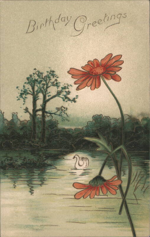 Birthday Greetings with Red Flowers, Swan, and River Scene