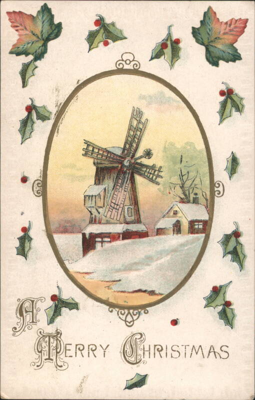 Winter Windmill Scene with Holly and Autumn Leaves, Merry Christmas