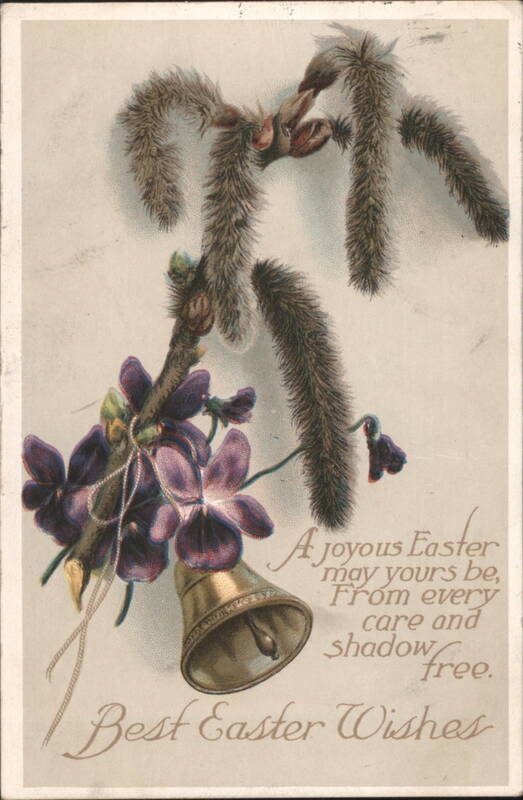 Pussy Willows, Violets & Bell with Easter Wishes Greeting