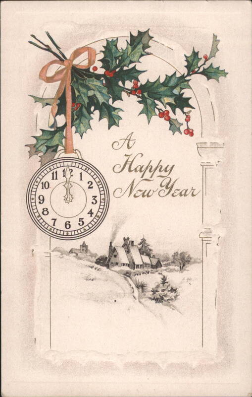 A Happy New Year Clock, Holly & Snowy Village Scene