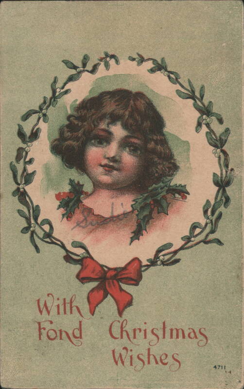 Child Portrait in Mistletoe Wreath with Fond Christmas Wishes