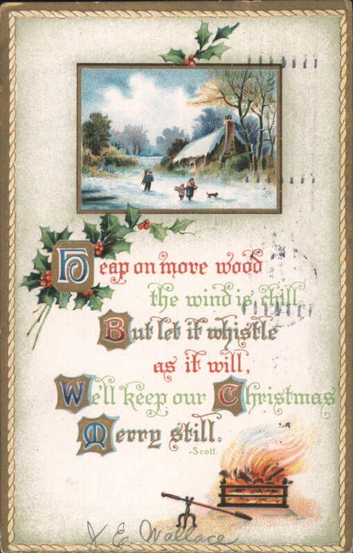 Christmas Poem, Winter Cottage Scene with Fireplace and Holly