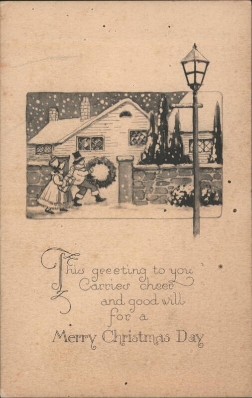 Children Carrying Christmas Wreath in Snowy Village Scene with Lamppost