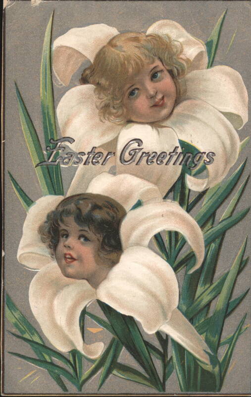 Easter Greetings with Children's Faces in Lily Flowers