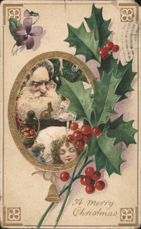 Santa Claus with Children, Holly, and Christmas Bell for A Merry Christmas