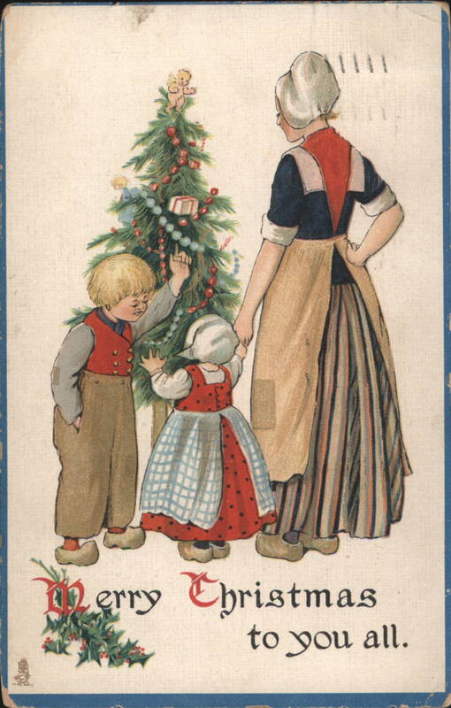 Dutch Family Decorating Christmas Tree, Merry Christmas Greeting