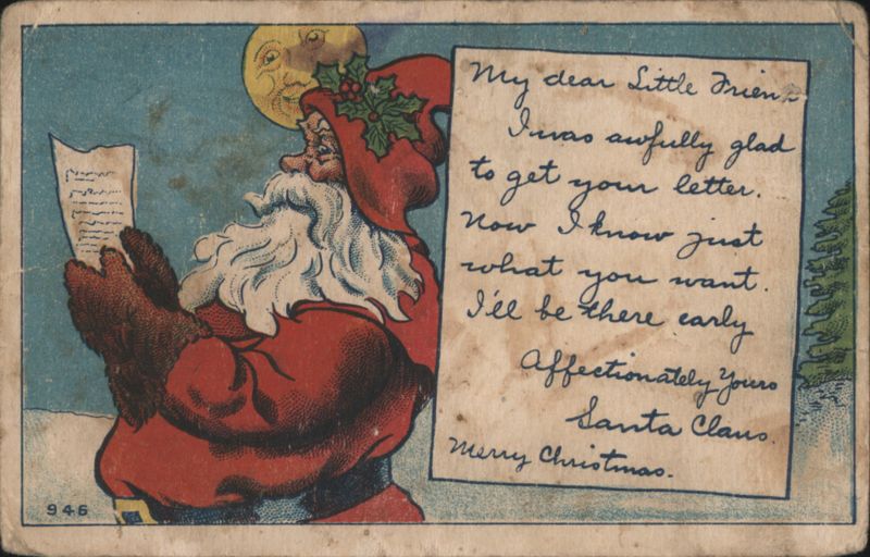 Santa Claus Reads Letter from 'My dear Little Friend' with Moon Face, Christmas