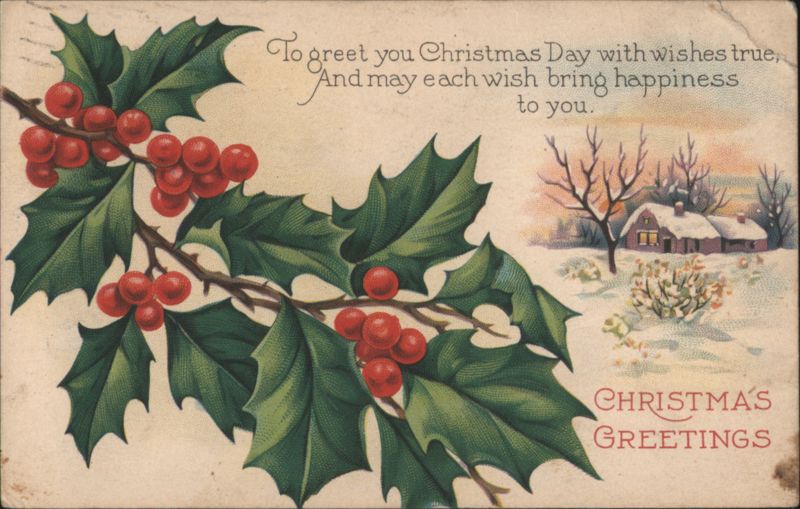 Holly Berries and Winter Landscape with Christmas Greetings