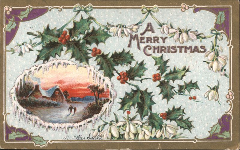 A Merry Christmas Holly & Mistletoe Winter Scene by M.M. Marshall