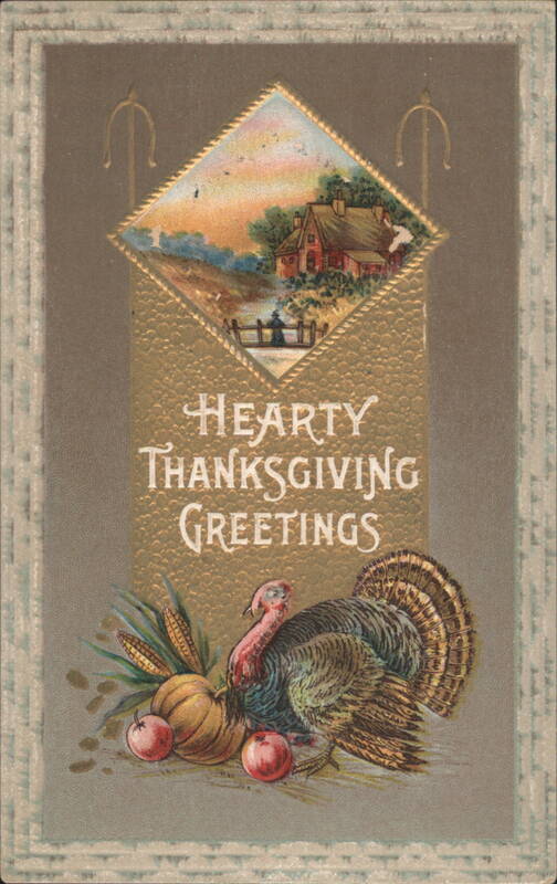 Hearty Thanksgiving Greetings with Turkey, Harvest & Farmhouse Scene