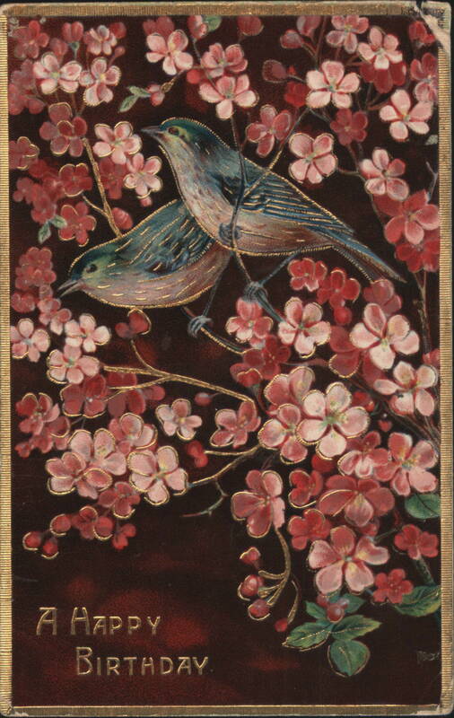 A Happy Birthday Greeting with Two Birds and Pink Cherry Blossoms