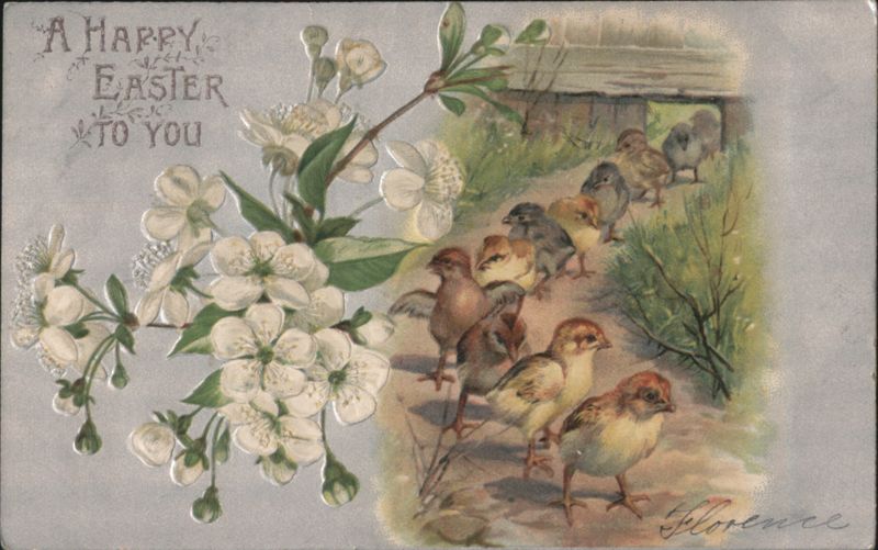 Easter Chicks on Path with Cherry Blossoms - A Happy Easter Greeting