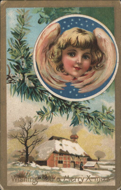 Wishing You a Merry X-mas Angel & Snow-Covered Cottage Winter Scene