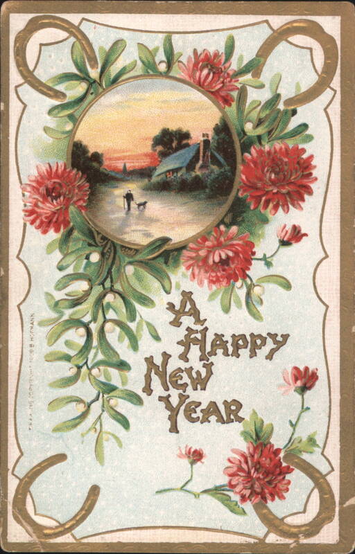 A Happy New Year Greeting with Flowers, Mistletoe, and Scenic Vignette
