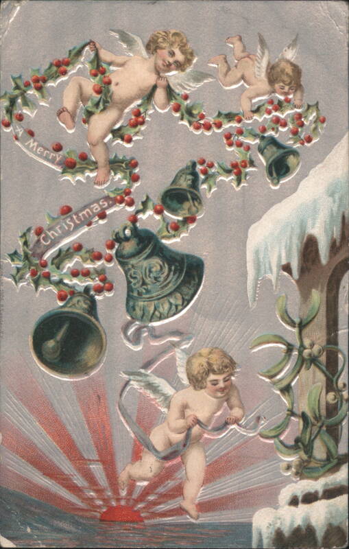 Christmas Angels with Holly Wreath and Bells