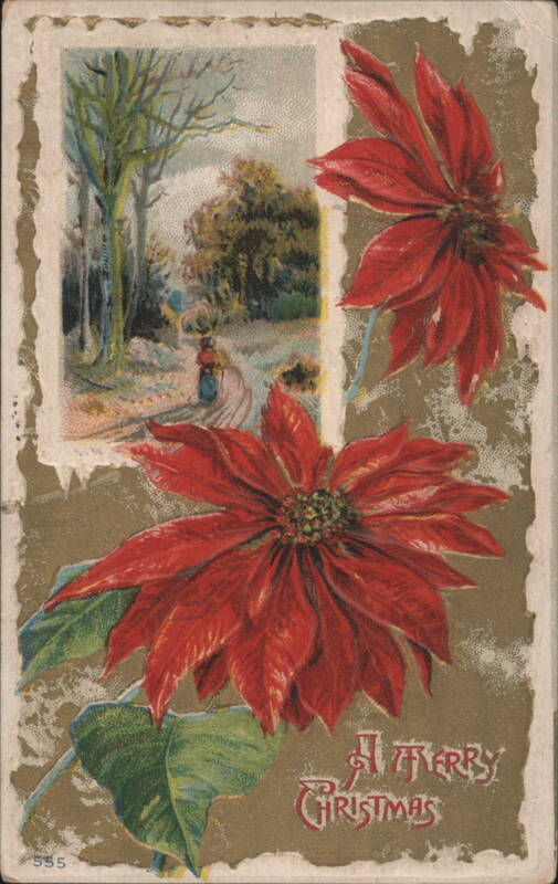 A Merry Christmas with Poinsettias and Winter Landscape Scene