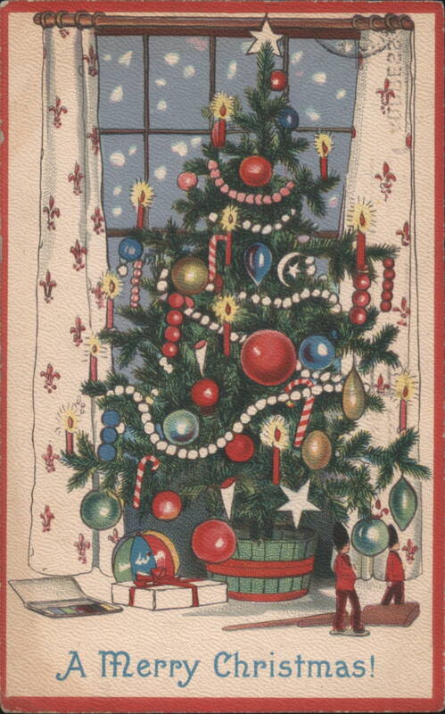 A Merry Christmas! Children by Decorated Tree, Lit Candles, Ornaments
