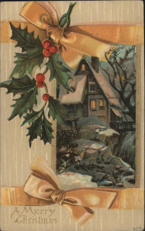 A Merry Christmas Holly & Berries Snowy House Winter Landscape