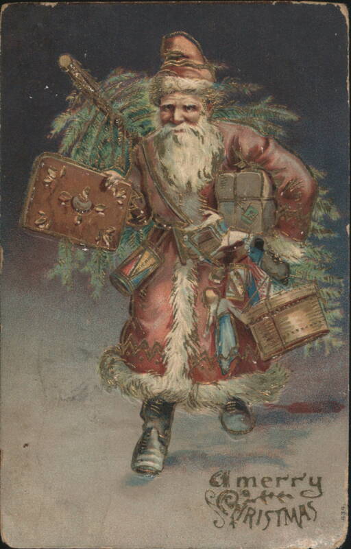 Santa Claus with Christmas Tree and Gifts A Merry Christmas