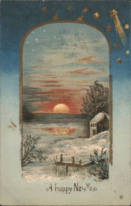 Winter Sunset Landscape with House, New Year's Greeting