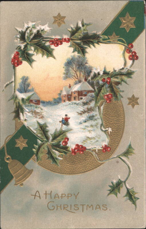 A Happy Christmas Greeting Card with Holly Wreath, Children in Snow Scene
