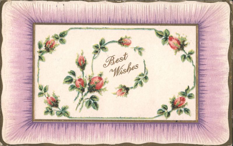 Best Wishes Floral Greeting Card with Pink Roses and Purple Border