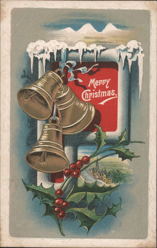 Merry Christmas Bells and Holly with Snowy Mountain Background