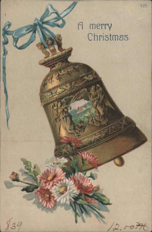 A Merry Christmas Golden Bell with Angels, Flowers & Blue Ribbon