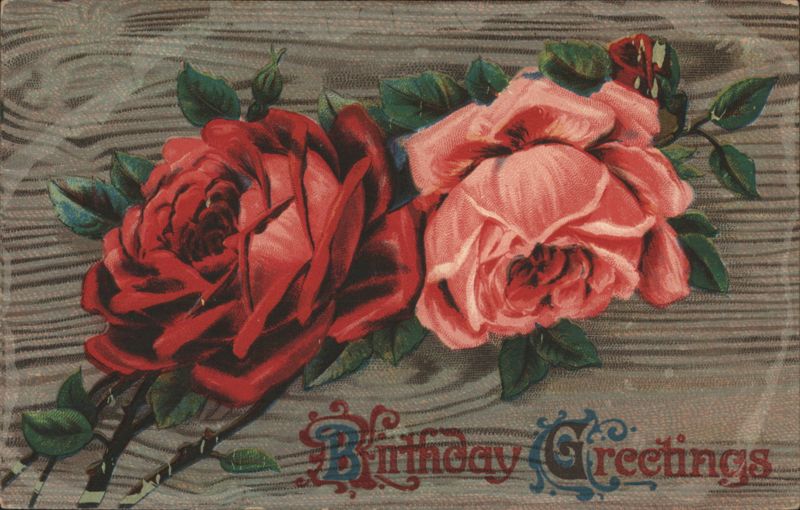 Birthday Greetings Red and Pink Roses on Wood Grain Background