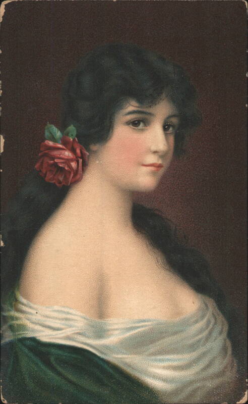Beautiful Woman with Red Rose in Hair, Elegant Portrait