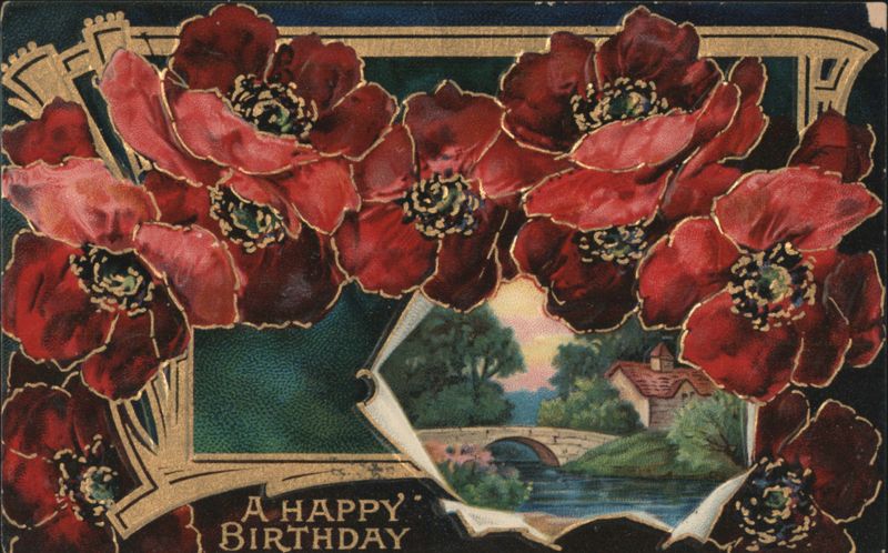 A Happy Birthday Greeting with Red Flowers and Scenic Landscape