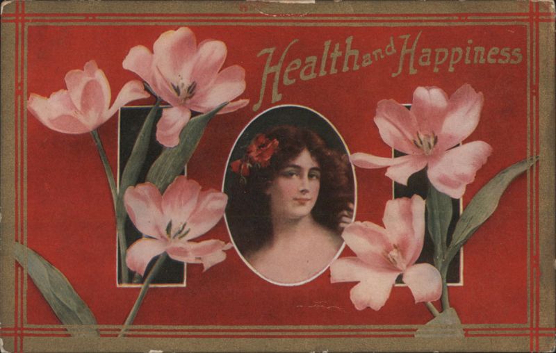 Health and Happiness Greeting with Woman and Pink Tulips