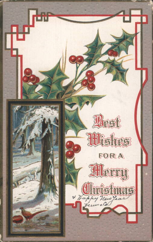 Merry Christmas and Happy New Year Greeting with Holly and Winter Scene