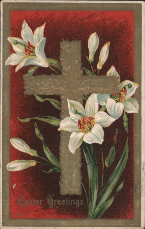 Easter Greetings with White Lilies and Textured Cross on Red Background