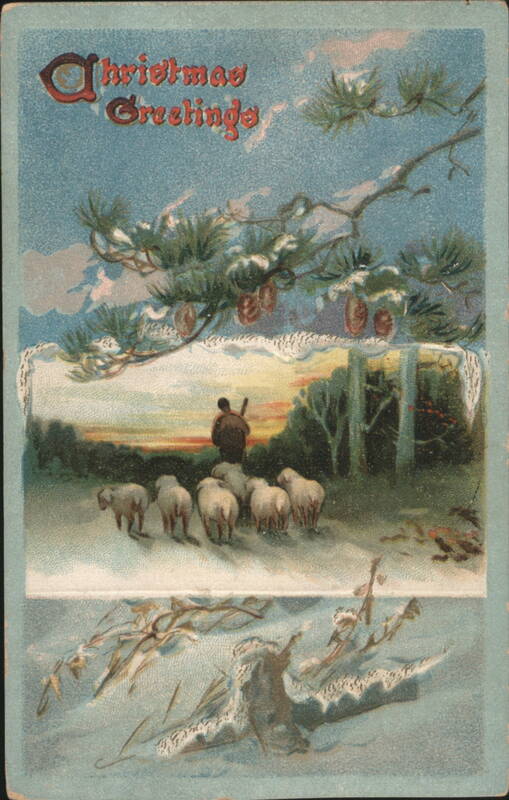 Christmas Greetings: Shepherd with Sheep in Snowy Winter Landscape