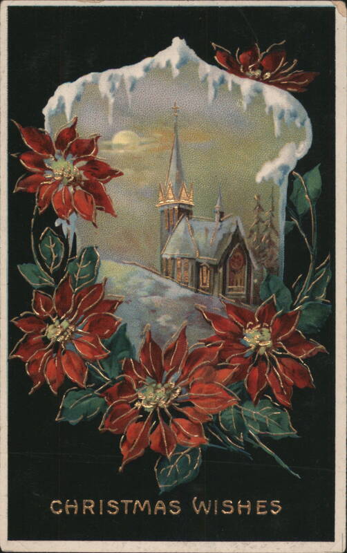 Christmas Wishes: Snowy Church Scene with Red Poinsettia Border