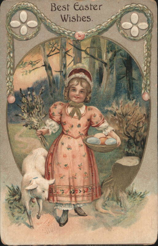 Young Girl with Lamb and Easter Eggs, Best Easter Wishes