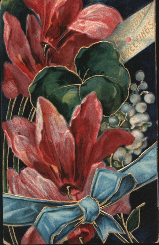 Birthday Greetings with Red Flowers, Lily of the Valley & Blue Ribbon