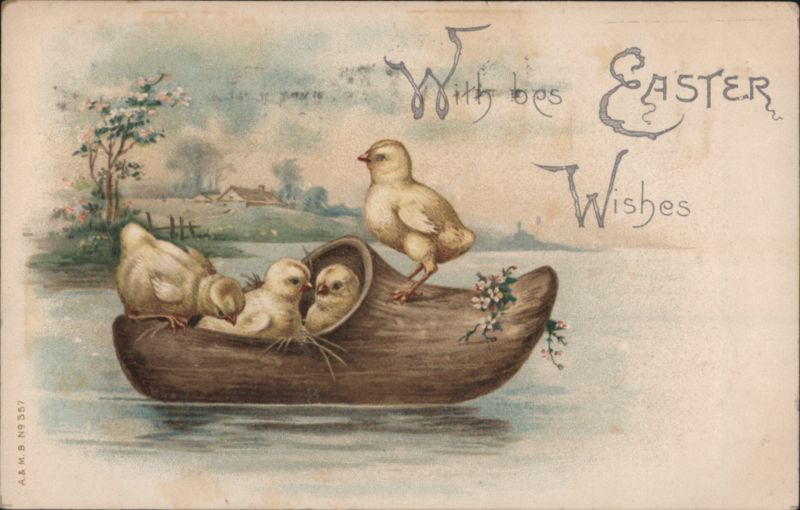 Easter Wishes with Chicks in a Wooden Clog on Water