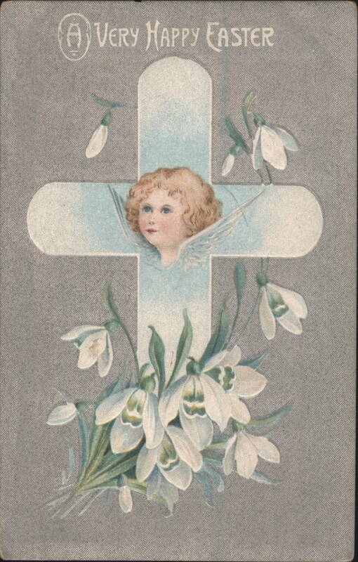 A Very Happy Easter Greeting with Cherub, Cross, and Snowdrop Flowers