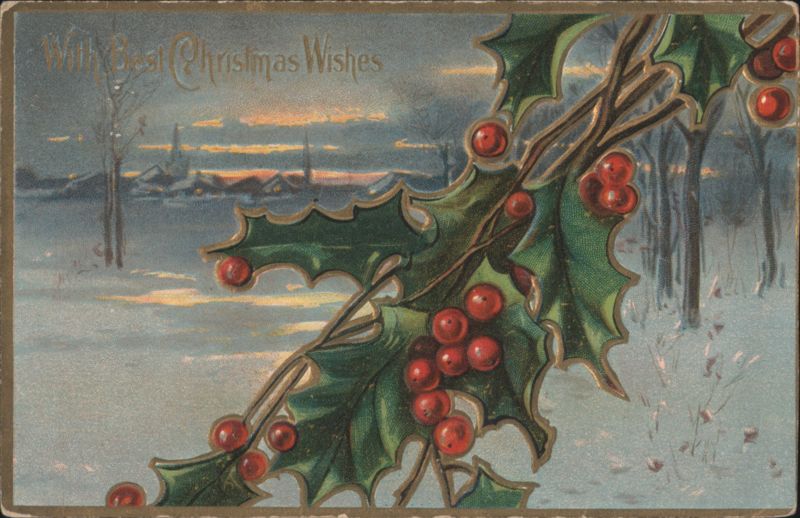Holly Branch with Red Berries, Snowy Winter Landscape, Christmas Wishes