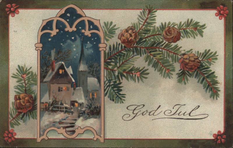 Christmas Scene with Snow-Covered House, Pinecones & 'God Jul' Greeting