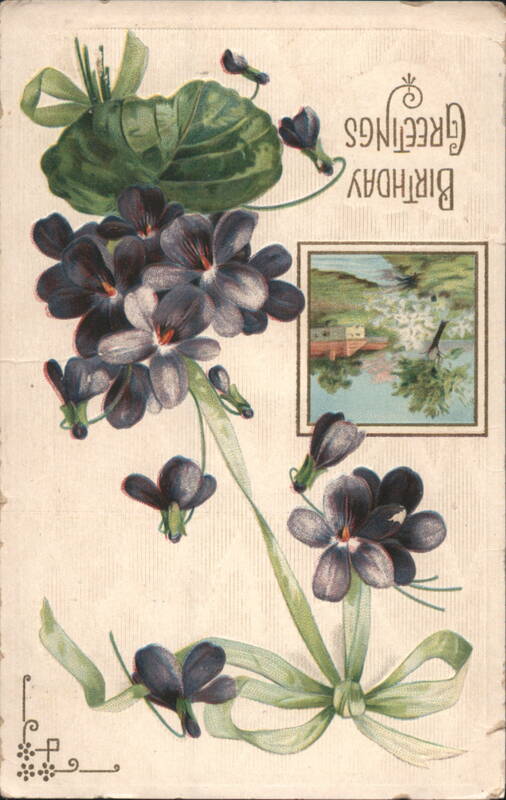 Birthday Greetings with Purple Flowers and Landscape Scene