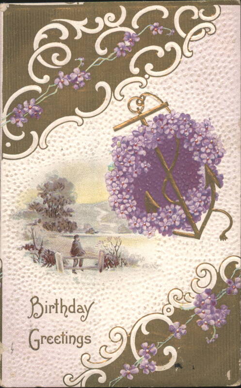 Birthday Greetings with Anchor, Purple Flowers & Winter Landscape Vignette
