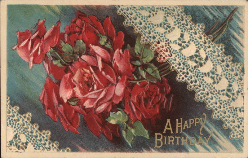 Red Roses and Lace with A Happy Birthday Greeting