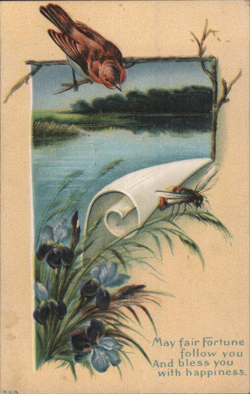 Red Bird, Iris Flowers, Lake Landscape, and May Fair Fortune Greeting