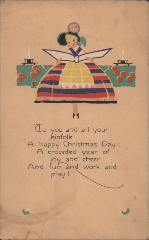 1915 Christmas Greeting Card: Stylized Woman with Book and Candles